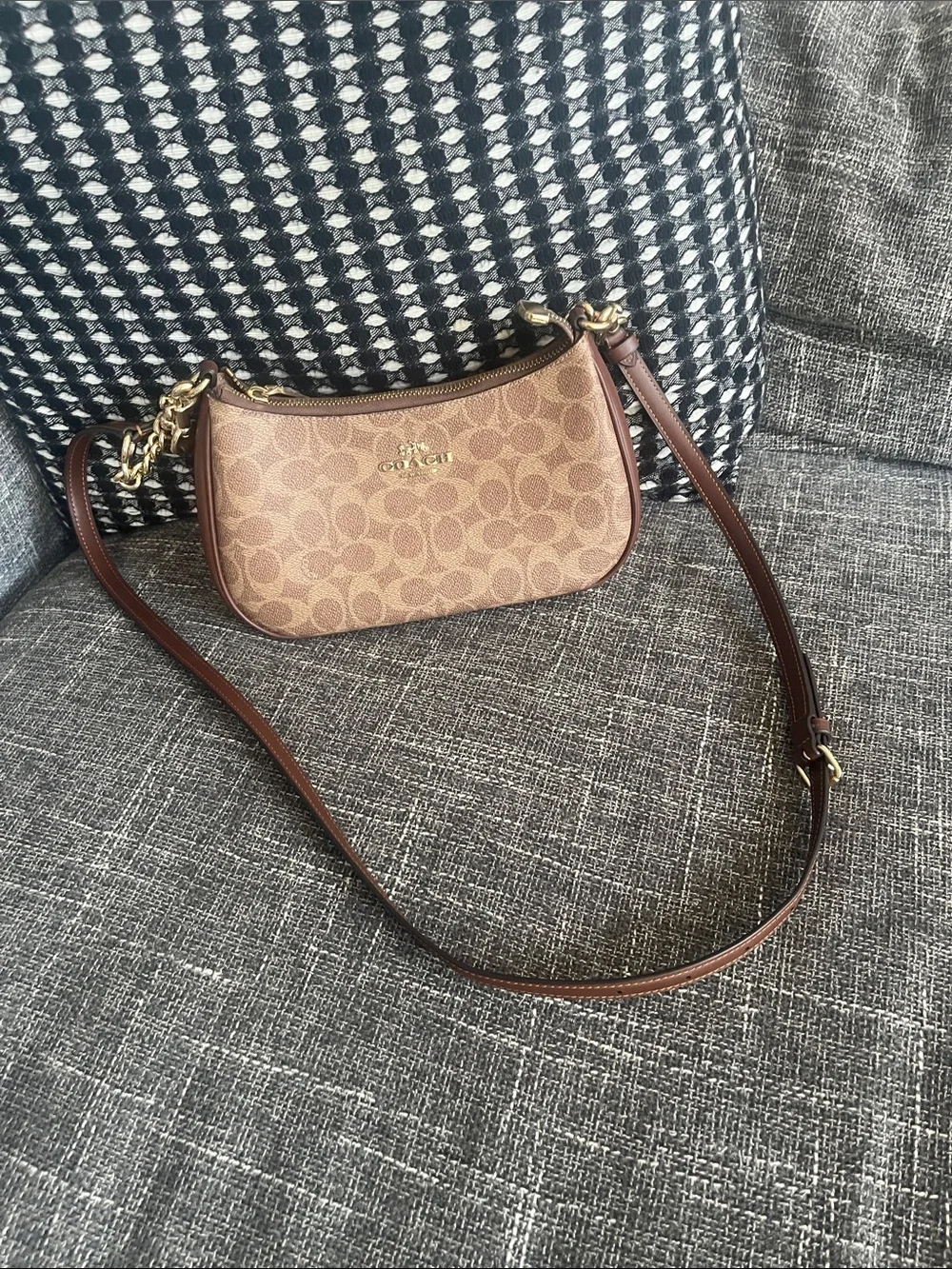 COACH Brown Signature Canvas Small Crossbody with Gold Hardware